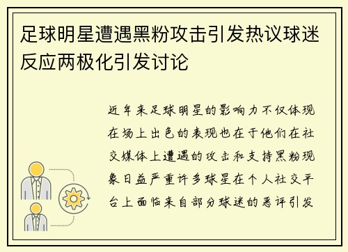 足球明星遭遇黑粉攻击引发热议球迷反应两极化引发讨论